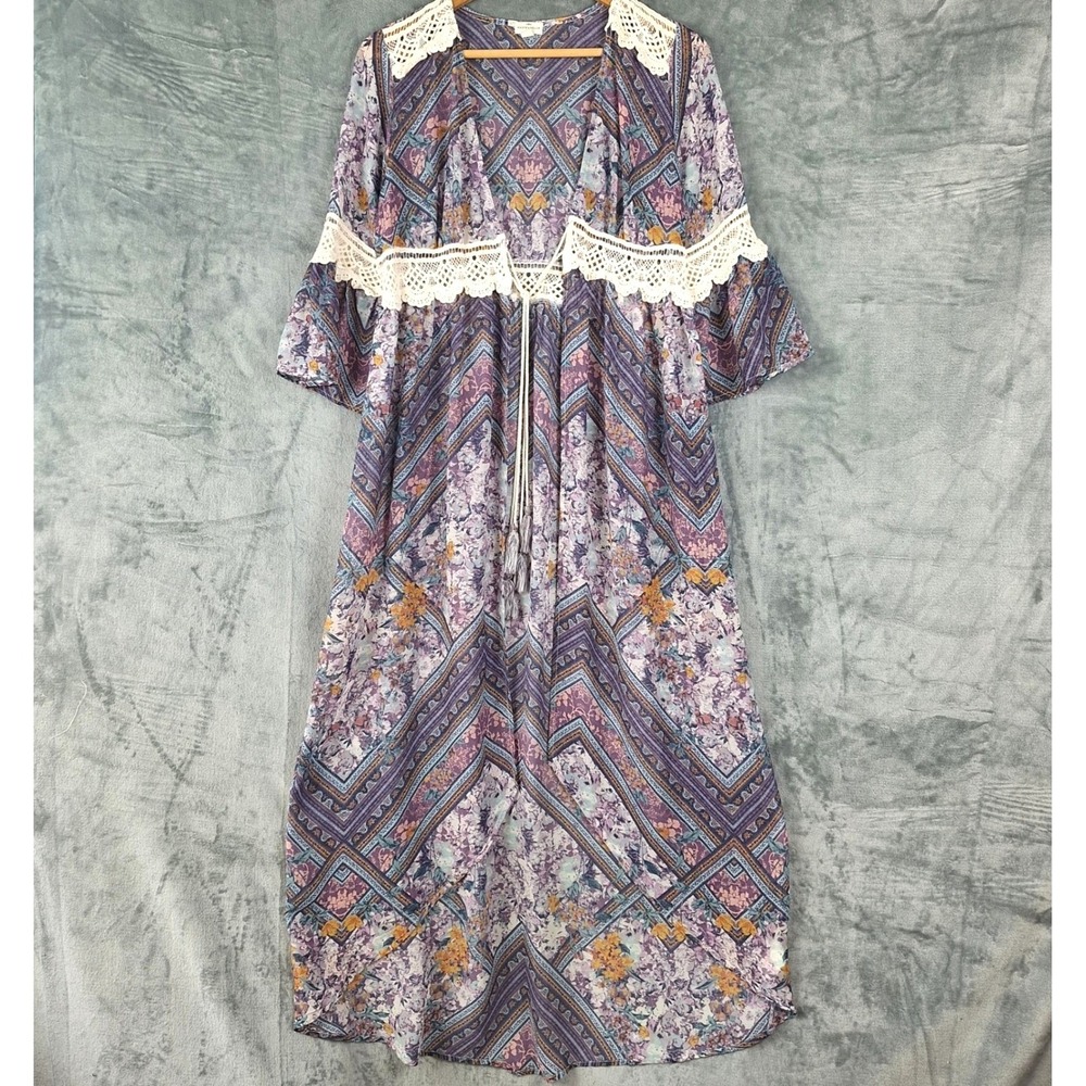 Womens Kimono Medium Boho Floral Patchwork‎ Crochet Duster Festival Tie Front